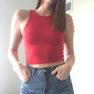 Cotton Bright Red High Neck Cropped Tank